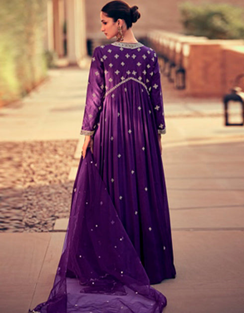 real gerogette trendy designer party wear gown gown with embroidery work and deep violet dupatta ie-5402 Close-up View